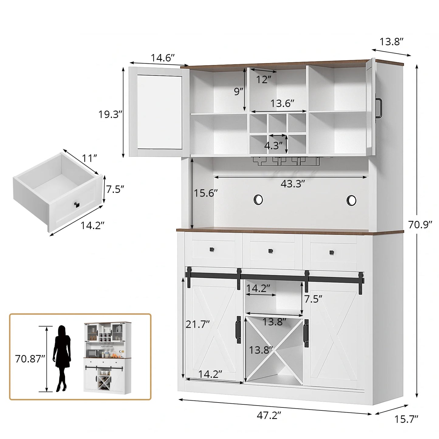 VOWNER Farmhouse Bar Cabinet with Sliding Barn Door Sideboard Buffet Cabinet with Wine and Glasses Rack Storage Cabinet for Kitchen