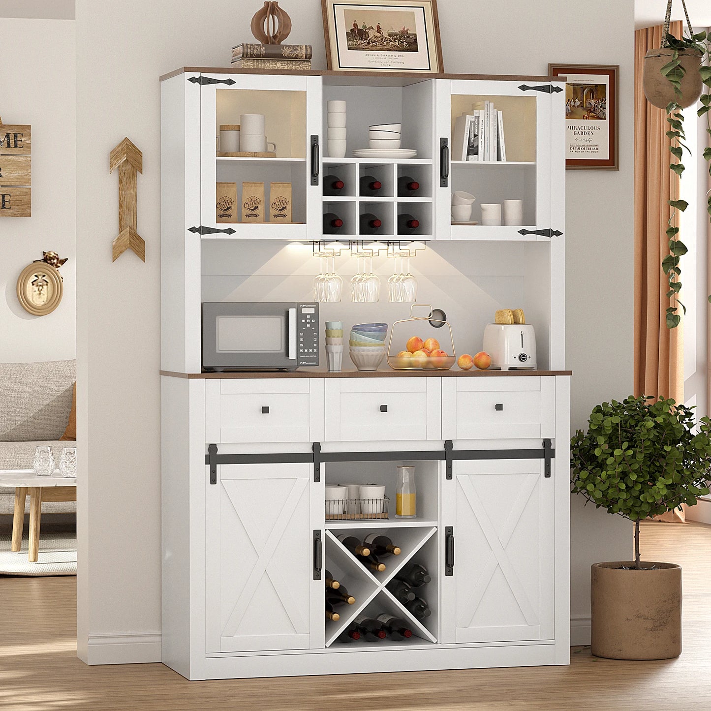 VOWNER Farmhouse Bar Cabinet with Sliding Barn Door Sideboard Buffet Cabinet with Wine and Glasses Rack Storage Cabinet for Kitchen
