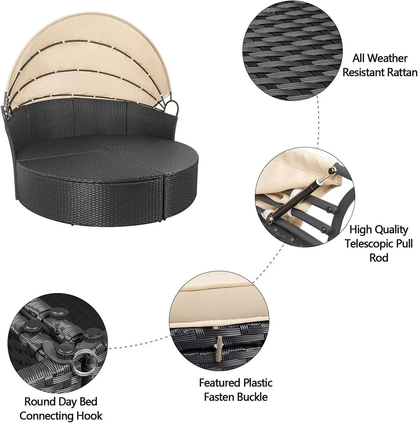 Patio Outdoor Daybed with Retractable Canopy Rattan Wicker Sectional Seating and Washable Cushions for Backyard and Porch