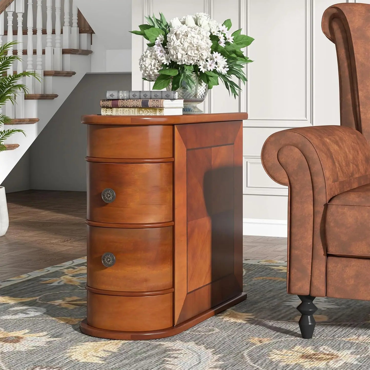 Wood End Table Set of 2 Narrow Solid Side Table 2 Drawer Slim Chair Side Table No Assembly Required Finished Back Walnut