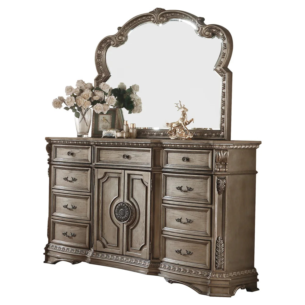 Antique Silver European Style Dresser with Wood Top Solid Carved Vanity Mirror for American Bedroom Furniture
