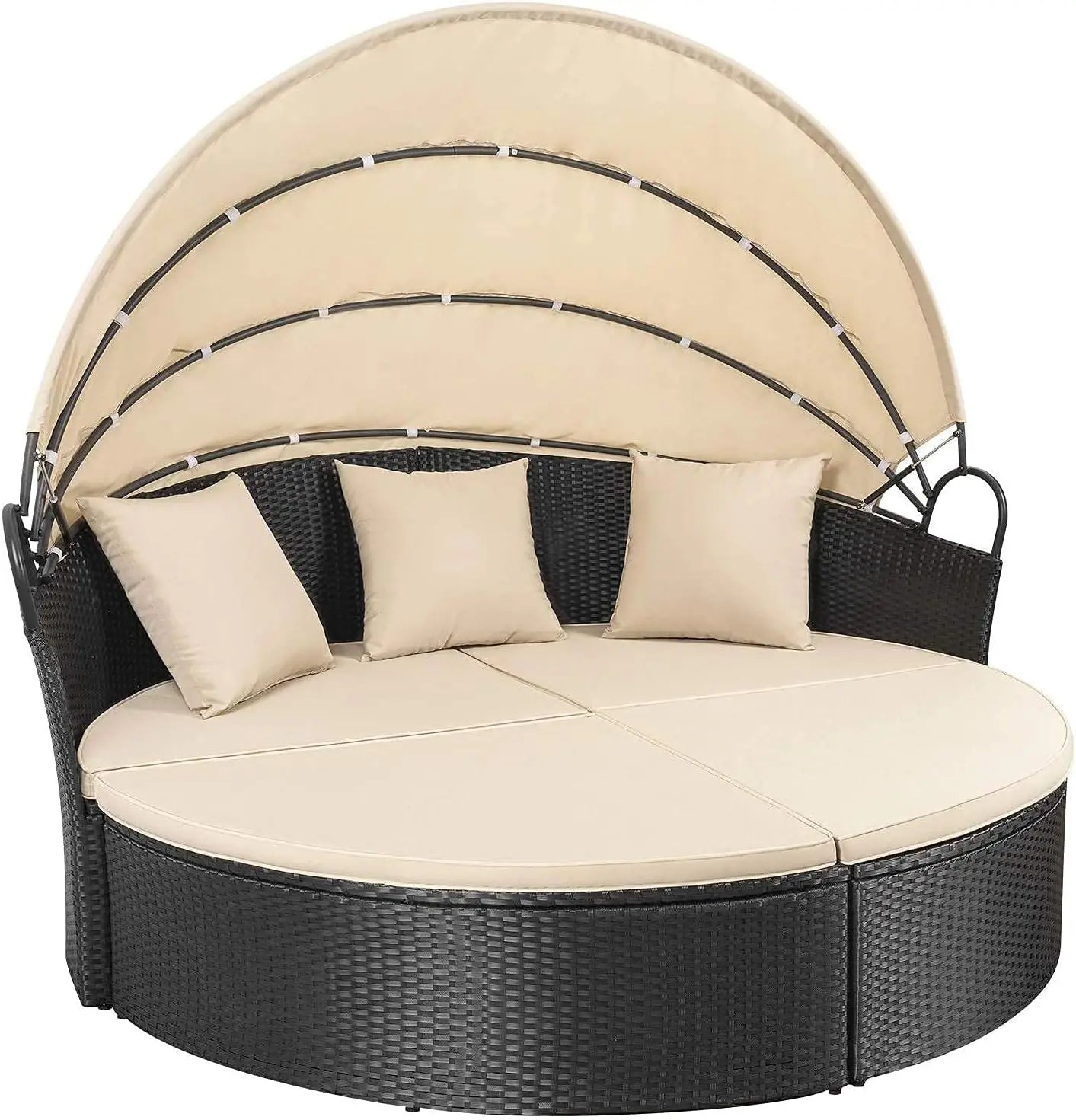 Patio Outdoor Daybed with Retractable Canopy Rattan Wicker Sectional Seating and Washable Cushions for Backyard and Porch