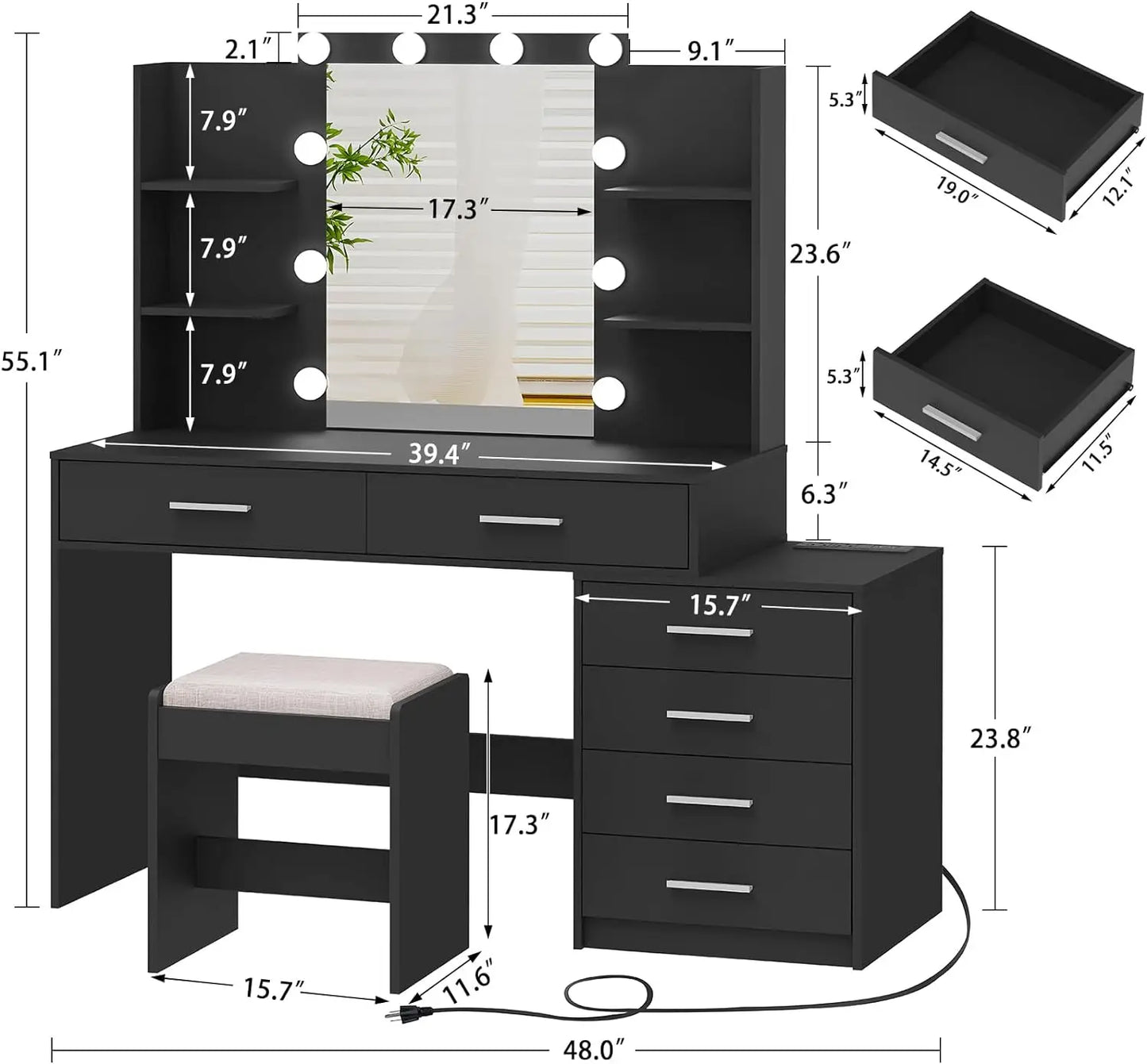 Quimoo 48 Inch Large Vanity Desk with Mirror and Lights Makeup Vanity with Six Drawers Power Outlet and Makeup Mirror Desk Table