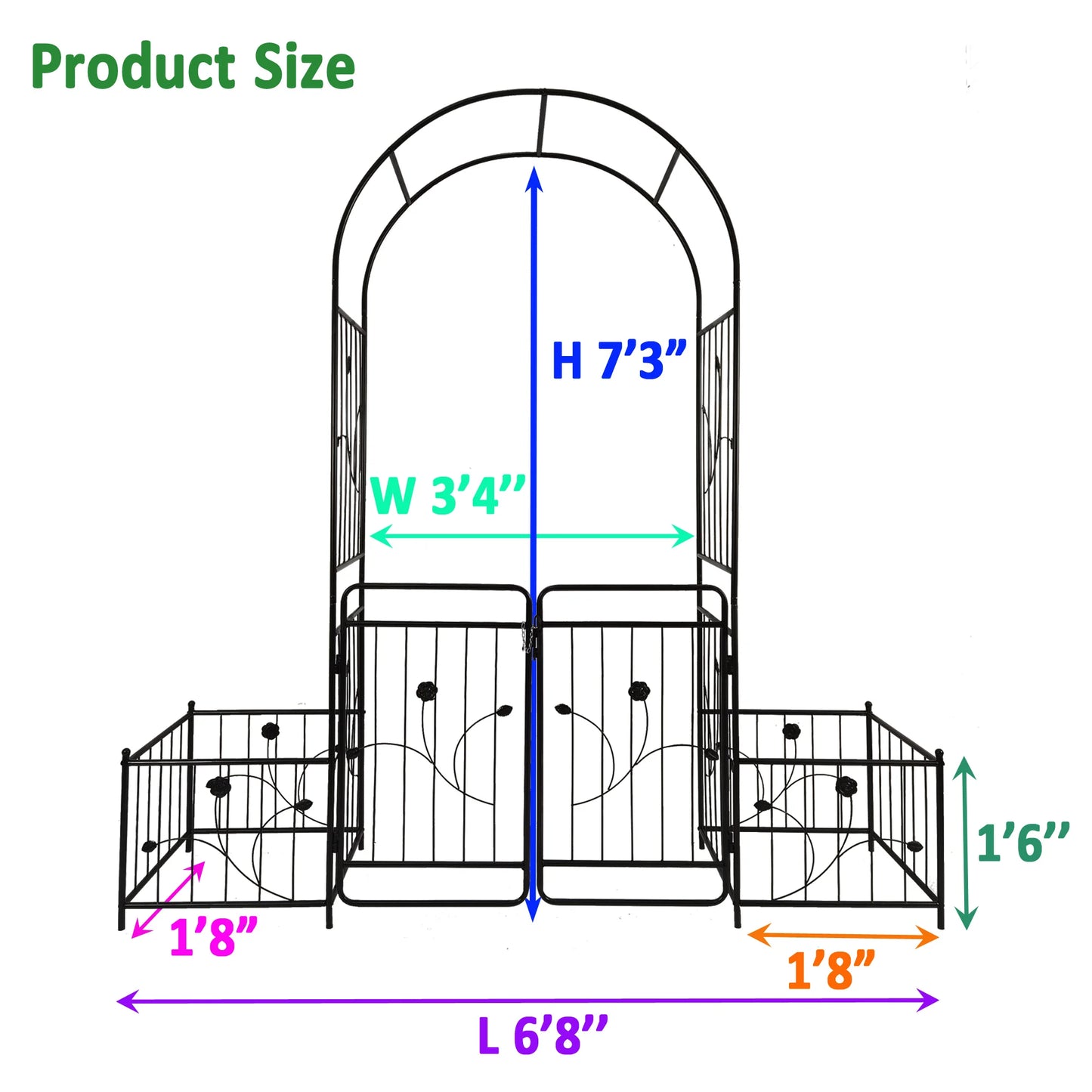 Metal Garden Arch with Gate 6.63 Feet Wide x 7.2 Feet High Climbing Plants Support Rose Arch Outdoor Black