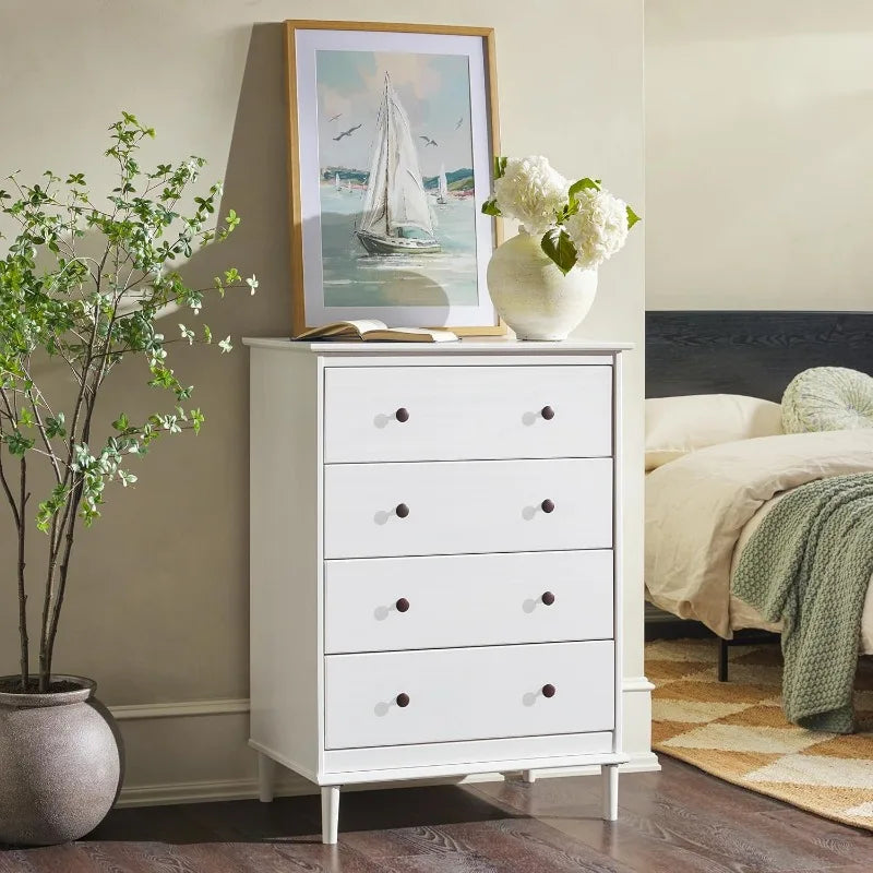 Modern Tall 4 Drawer Solid Wood Dresser Bedroom Storage Organizer 40 Inch White
