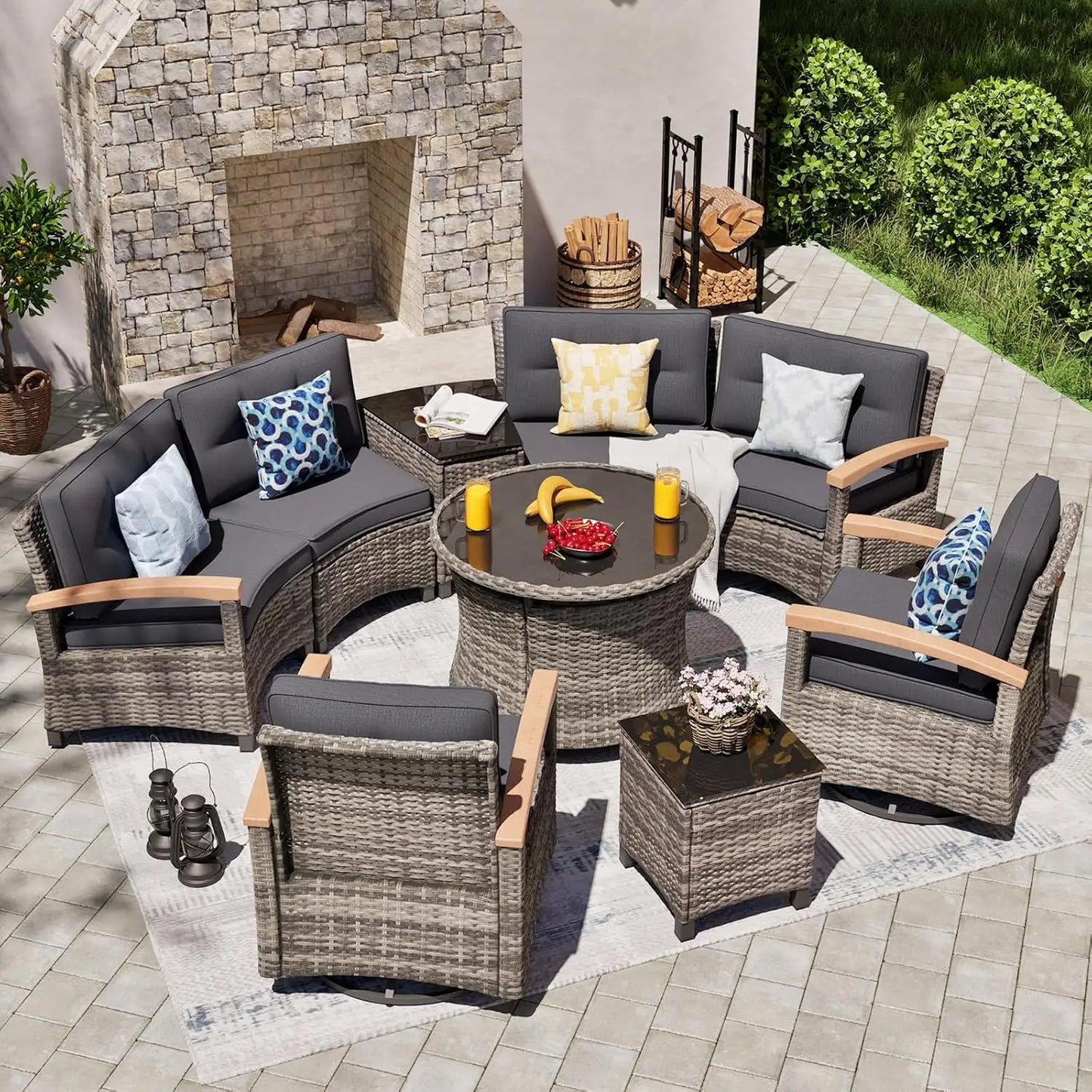 Multi Piece Outdoor Patio Furniture Sets Half Moon Curving Rattan Sofa Conversation Set