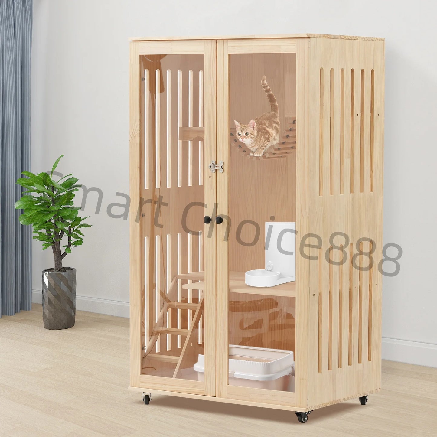Large Wooden Cat House Luxury Multi-Feature Cat Condo Cat Condo House with Posts Oversized Cat Villa on Wheels
