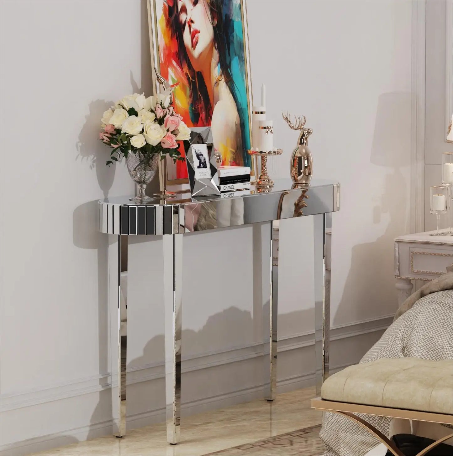 Ultra Long Silver Mirrored Entry Console Table Vanity Table Versatile Furniture for Bedroom Hall Display Desk