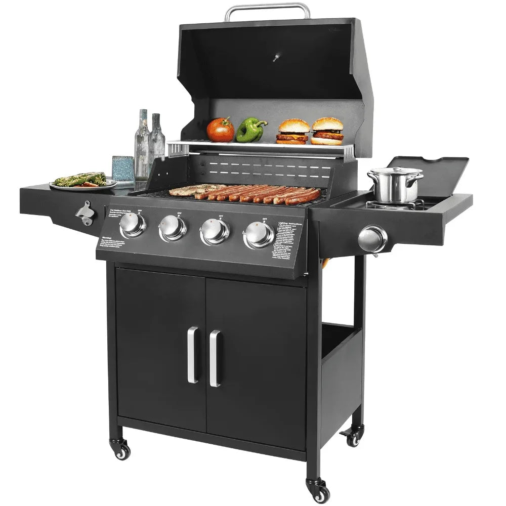 4 Burner Propane Gas Grill with Side Burner and Side Table for Outdoor Cooking and Camping