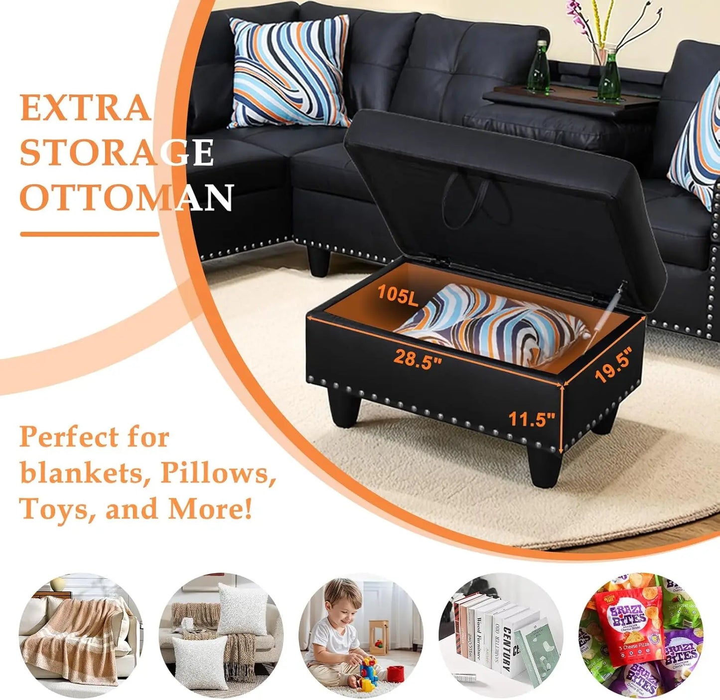 Modern 4-Seater Sectional Sofa Couch with Chaise Lounge Ottoman and 2 Pillows L Shape Living Room Furniture Set