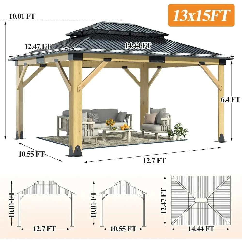Outdoor Wooden Gazebo Patio Galvanized Steel Gazebo with Double Vented Roof Heavy Duty Cedar Wood for Garden Use