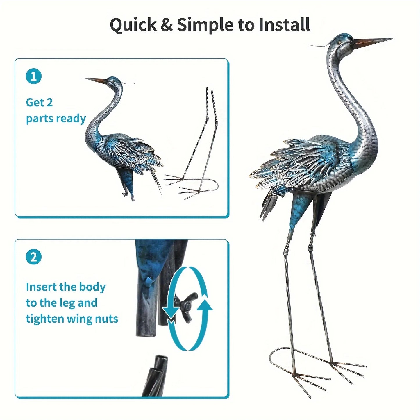 Elegant Blue Heron Metal Garden Statue 40 Inch Sturdy Outdoor Crane Sculpture for Patio and Lawn Decor