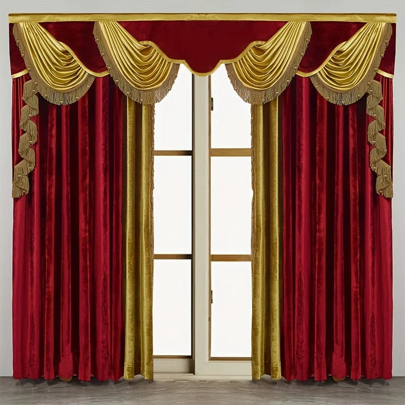 2pcs American Style French Luxury Curtain Villa Bedroom Living Room Flannel Red 100 Percent Polyester High Shading