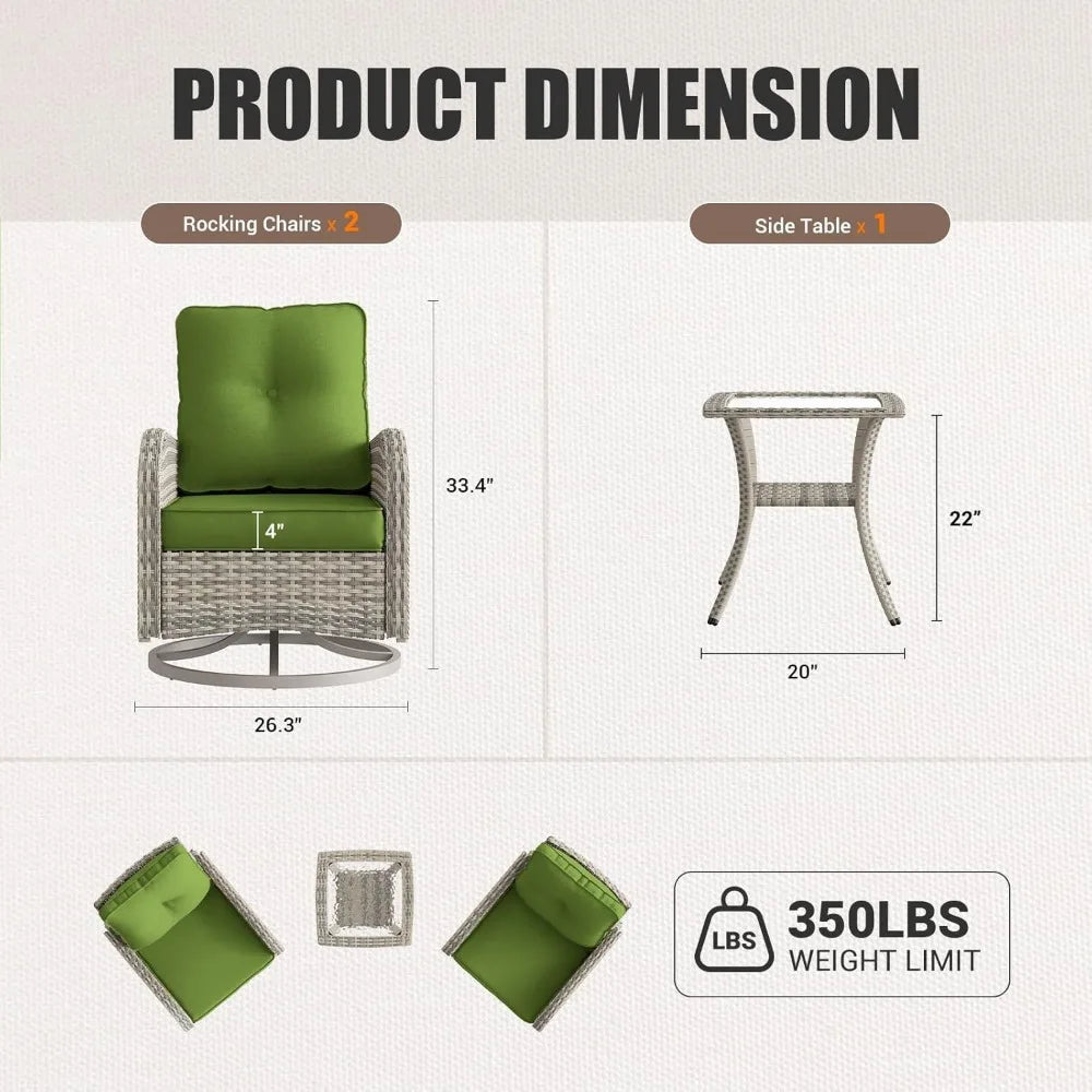 Patio Rocking Swivel Chair Outdoor Wicker Rattan Bistro Set with Tempered Glass Side Table Garden Furniture