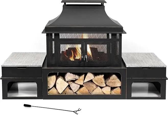 Rimasco 80 Inch Metal Wood Burner Fireplace with Side Storage Tables Smokeless Patio Fire Pit