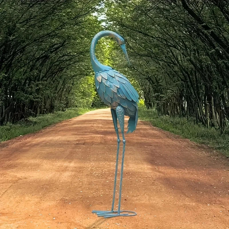 Standing Garden Crane Statue for Outdoor Metal Bird Sculpture Art for Backyard Patio Lawn Yard Decoration Cyan