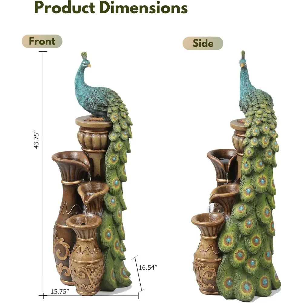 LuxenHome Outdoor Water Fountain 44 Inch Resin Peacock Water Fountain with Urns and LED Light Tall Outdoor Fountains