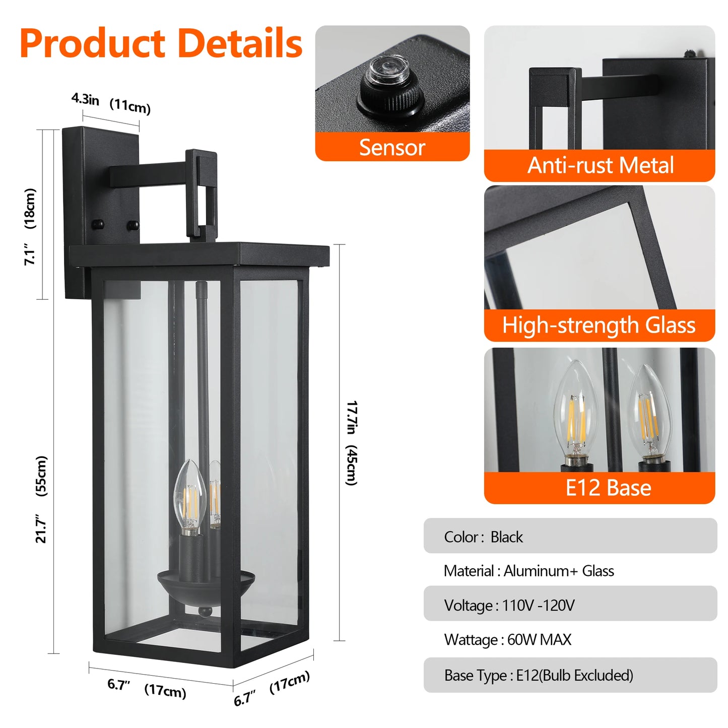22 Inch Outdoor Wall Lantern with Dusk to Dawn Sensor Matte Black Finish Clear Glass Panels Weatherproof Exterior Light
