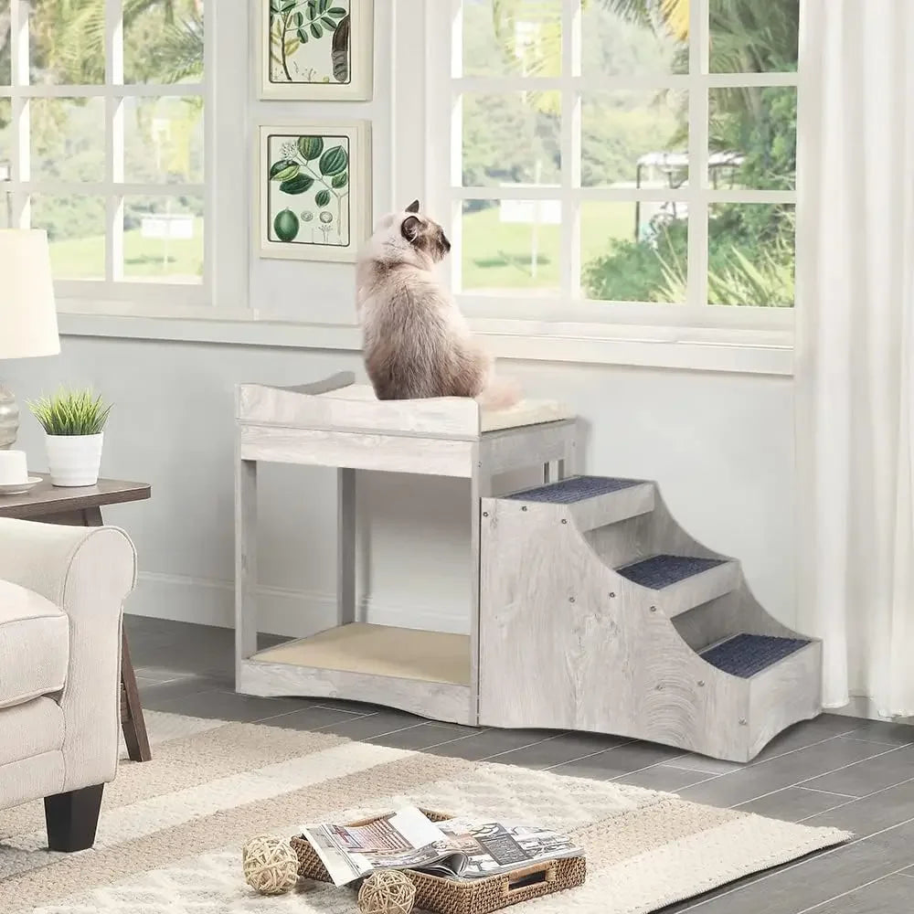 Pet Bunk Bed with Removable Step for Dogs and Cats Multi Level Window Perch Seat Platform with Cushion and Cat Scratch