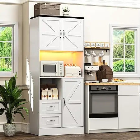 Kitchen Pantry Storage Cabinet with LED Lights and Power Strip Tall Farmhouse Kitchen Pantry with Barn Doors and Drawers