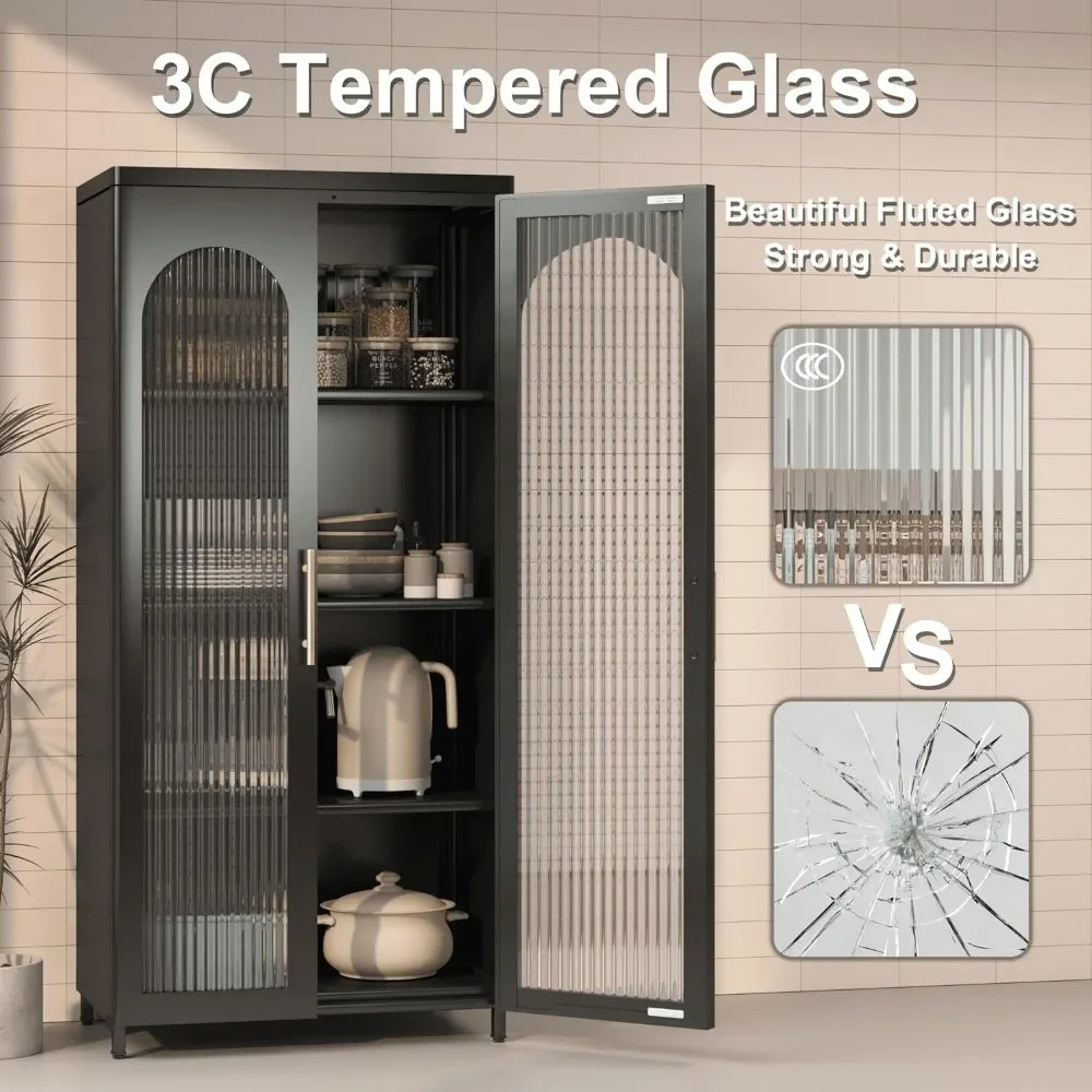Kitchen Cabinet Metal Sideboard Storage Cabinet with Glass Doors and Adjustable Shelves