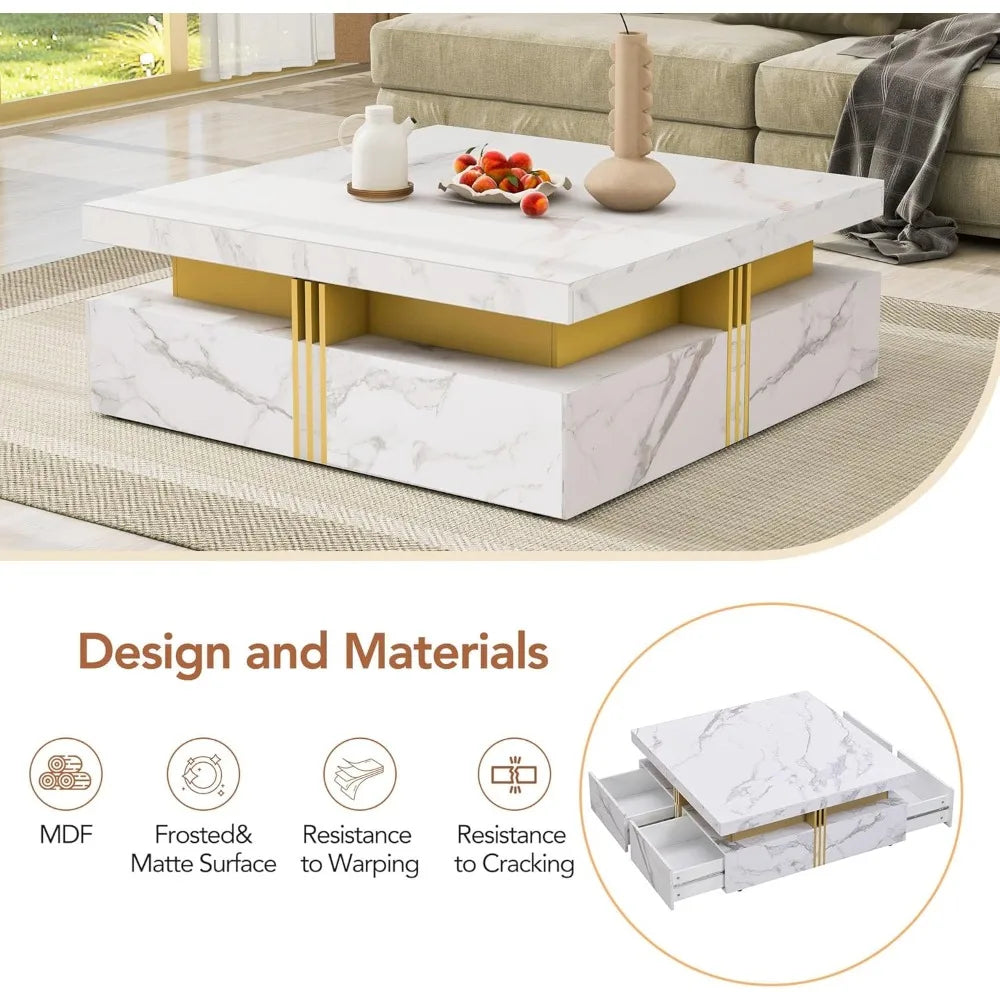 Modern Square Coffee Table with 4 Drawers Contemporary Luxury Center Table with Gold Accents