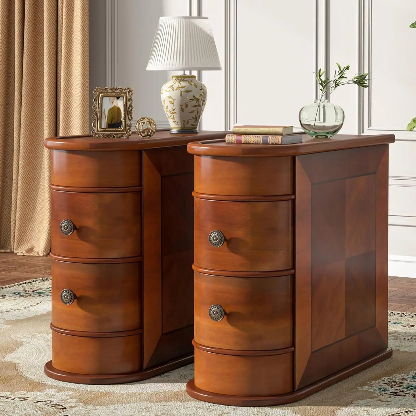Wood End Table Set of 2 Narrow Solid Side Table 2 Drawer Slim Chair Side Table No Assembly Required Finished Back Walnut