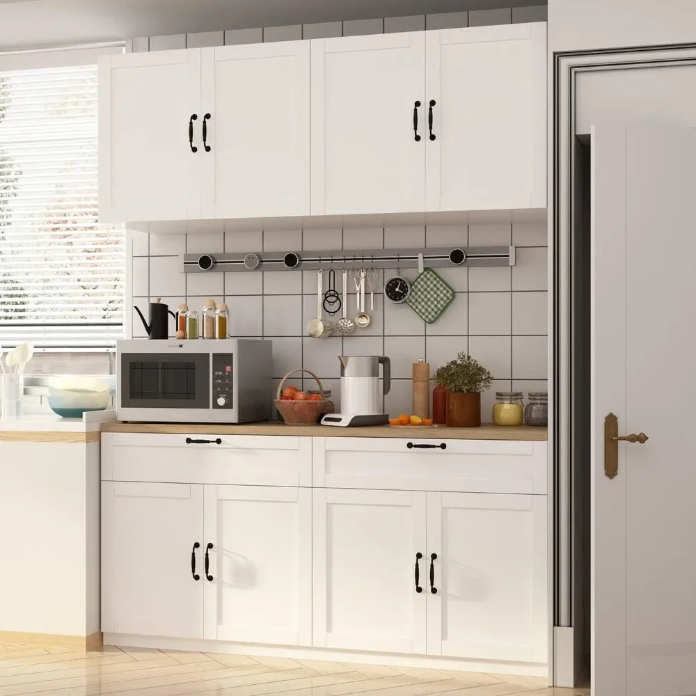 Large Kitchen Pantry Cabinet Set with Wall Mounted Storage Sideboard 8 Doors and 2 Drawers White 63 Inch Wide Modern Kitchen Cabinets