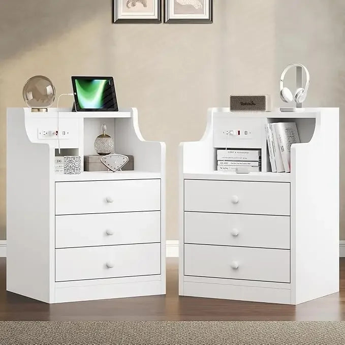 Nightstand with Charging Station and 3 Storage Drawers Modern Bedside Table with Hutch