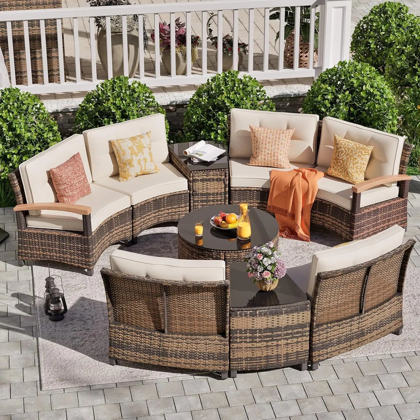 Multi Piece Outdoor Patio Furniture Sets Half Moon Curving Rattan Sofa Conversation Set