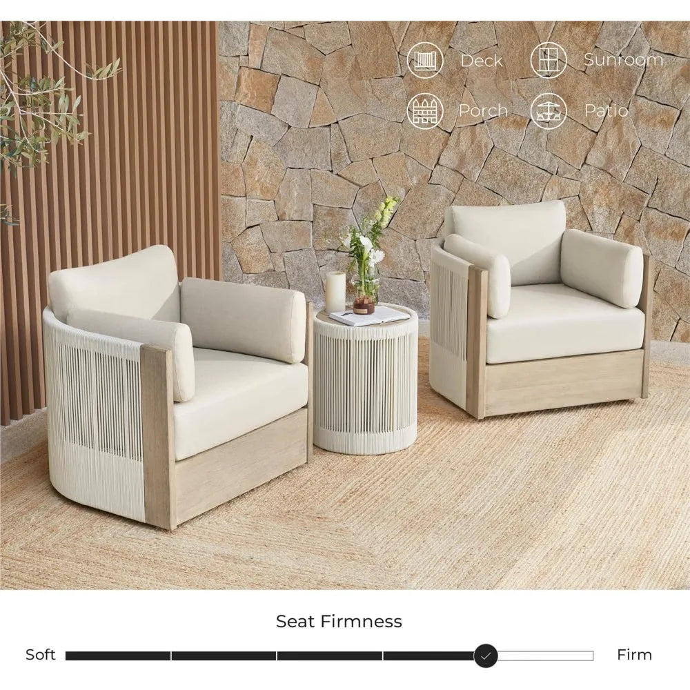 Boho Patio Rattan 360 Degree Swivel Chair Outdoor Wicker Furniture with Thickened Cushions and Arm Pillows Acacia Wood Frame