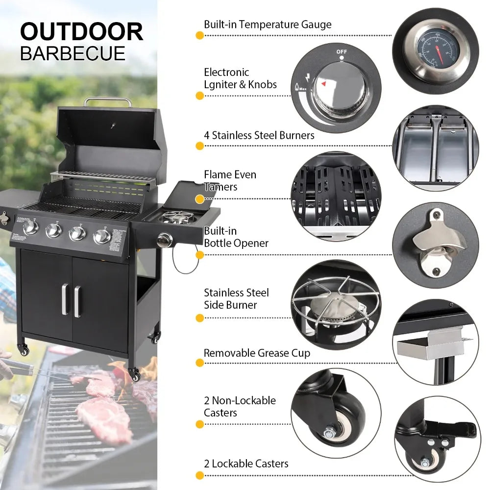 4 Burner Propane Gas Grill with Side Burner and Side Table for Outdoor Cooking and Camping