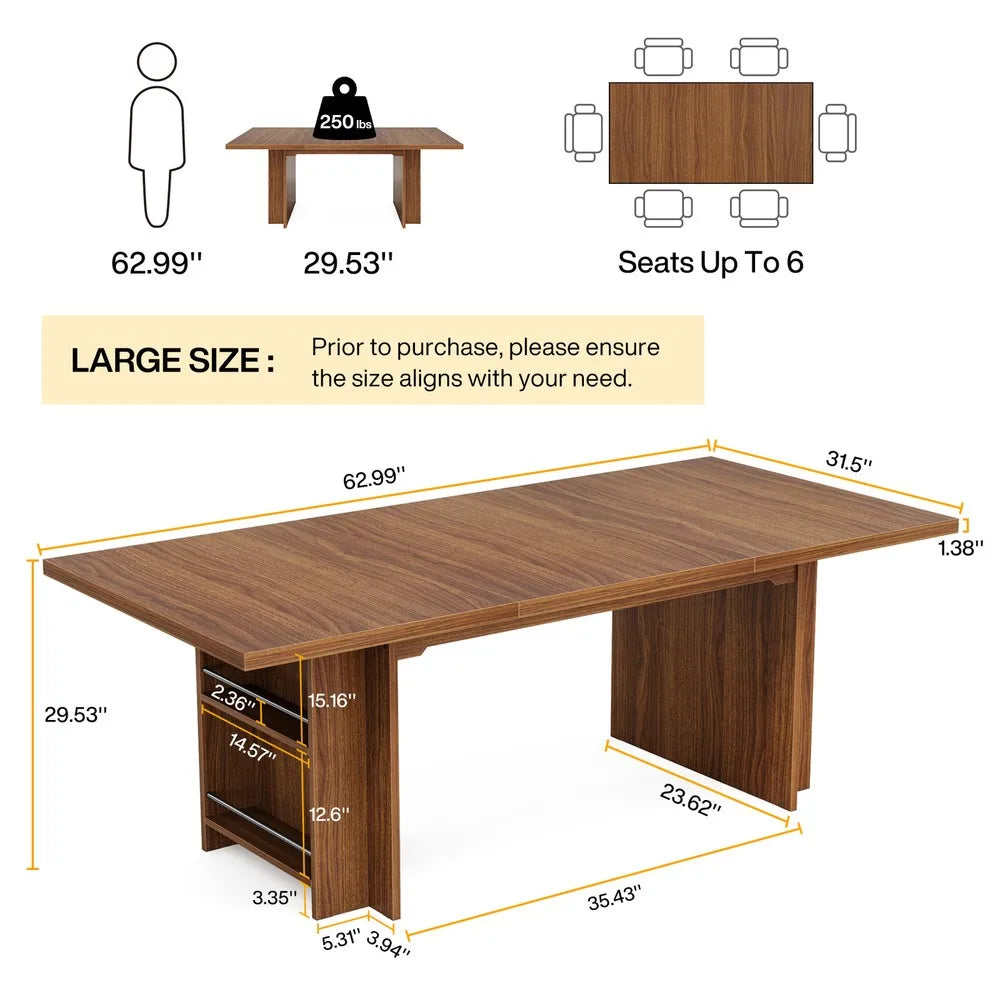 63 Inch Rectangular Dining Table with Storage Wood Dinner Kitchen Table for 4 to 6