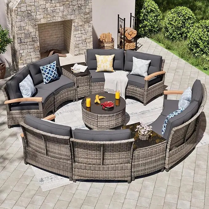 Multi Piece Outdoor Patio Furniture Sets Half Moon Curving Rattan Sofa Conversation Set