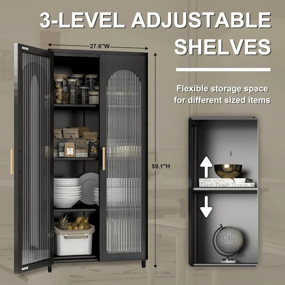 Kitchen Cabinet Metal Sideboard Storage Cabinet with Glass Doors and Adjustable Shelves