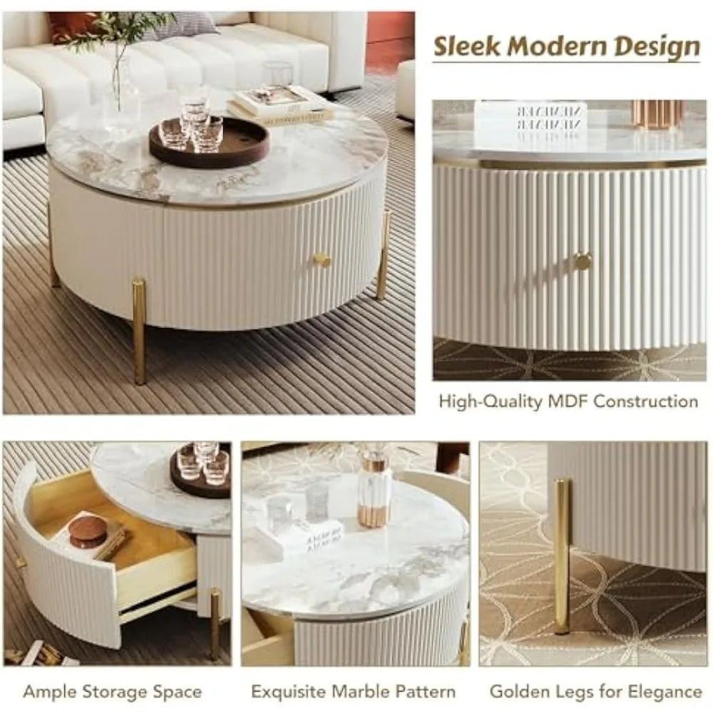 31.5 Inch Round Coffee Table with 2 Large Drawers Modern Marble Pattern and Golden Legs for Elegant Living Room