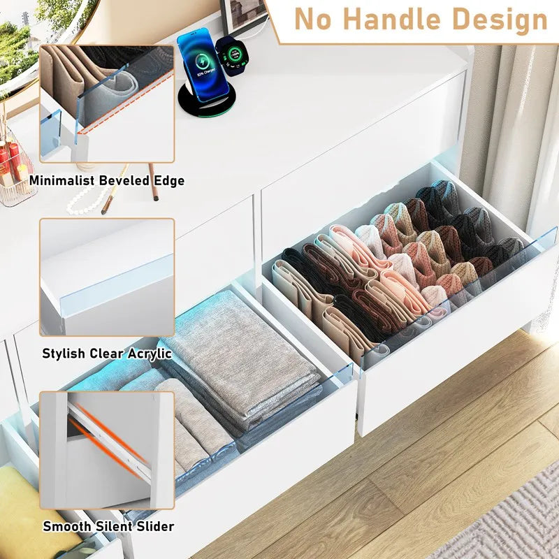 9 Drawer Dresser with Power Outlet and LED Light Modern Chest of Drawers for Closet 63 Inch Drawer Organizer Cabinet for Bedroom