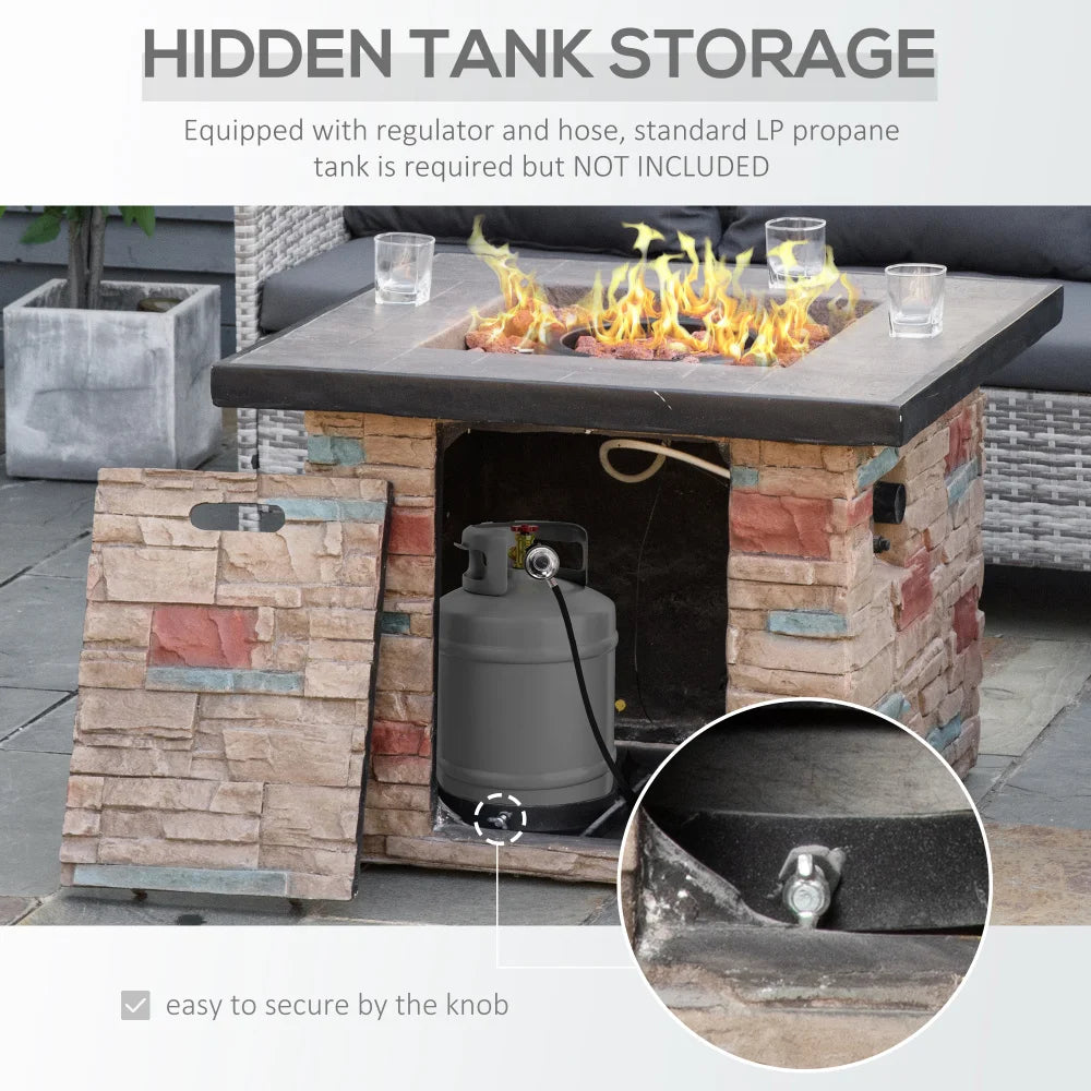 32 Inch Outdoor Propane Gas Fire Pit Table 50000 BTU Auto Ignition Square Faux Ledge Stone Gas Firepit with Lava Rocks
