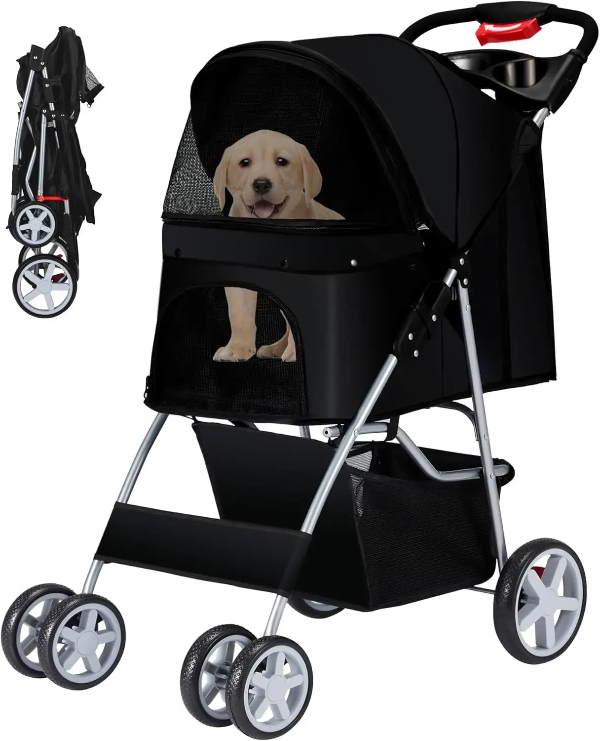 Pet Stroller for Medium and Small Dogs and Cats Four Wheels Folding Cat Jogger with Storage Basket and Breathable Mesh