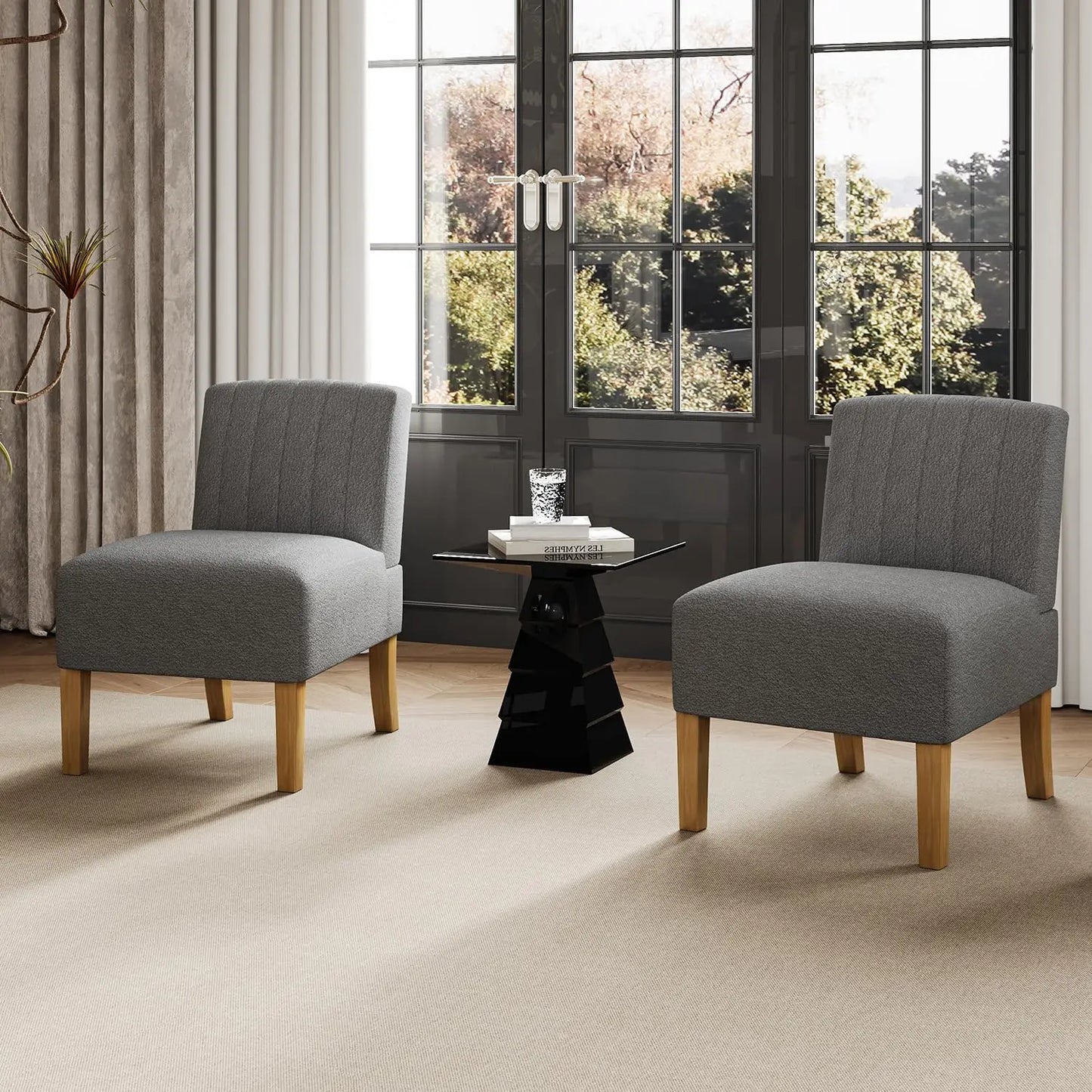 Accent Chairs Set of 2 - Modern Slipper Chairs for Living Room, Solid Wood Legs, Comfy Upholstered Fabric in Black