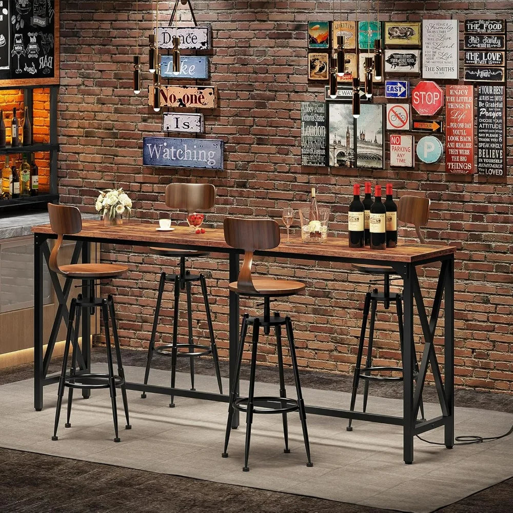 Kitchen Dining Table with Power Outlet and Footrest Industrial Style for Pub Living Room Rustic Brown and Black TBT08UBF