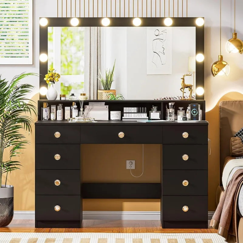 Vanity Desk with Large Lighted Mirror 10 LED Lights 43.3 Inch Makeup Vanity with 9 Drawers Power Outlet Dressing Table