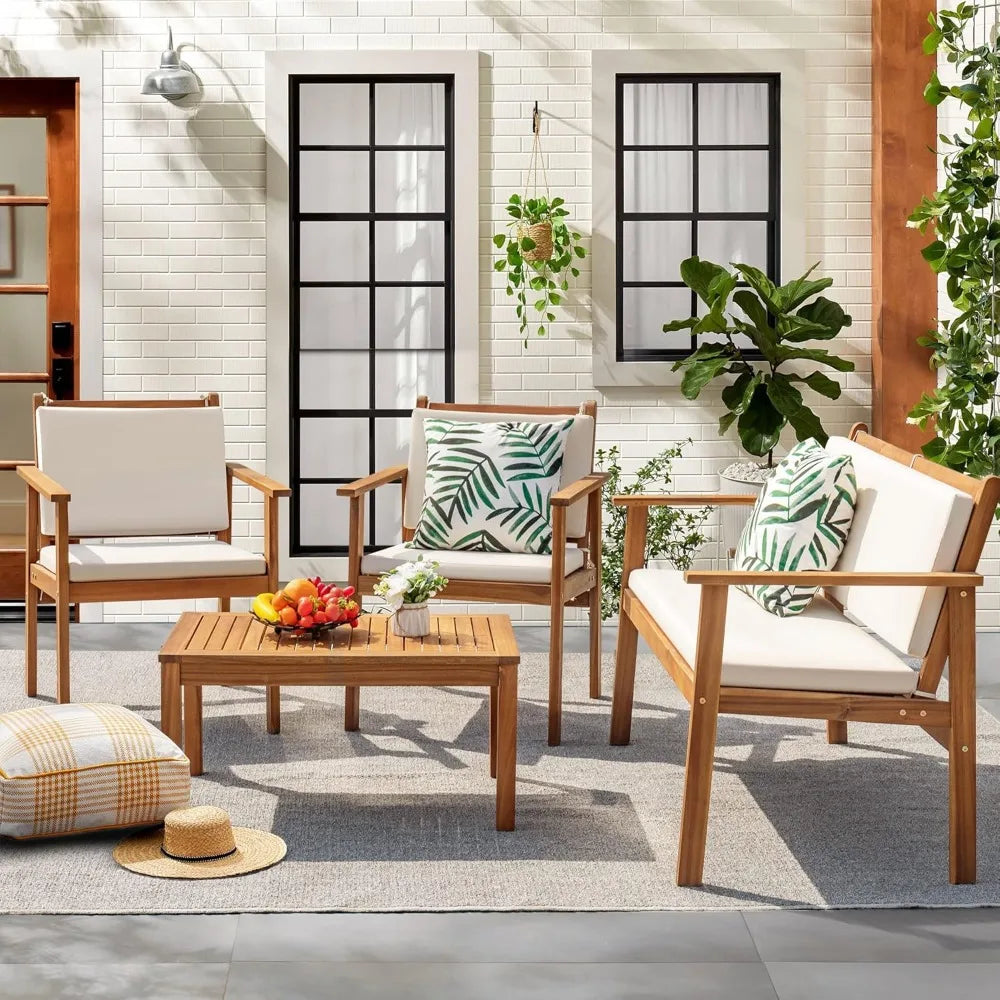 Patio Furniture Outdoor Acacia Wood Conversation Sofa Set with Table and Cushions for Deck and Balcony