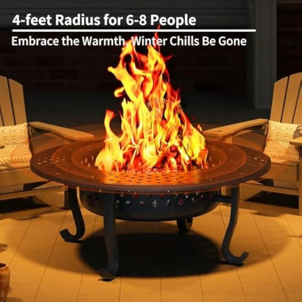 43 Inch Outdoor Wood Burning Fire Pit with 2 Grills Round Metal Table for Backyard Patio Garden