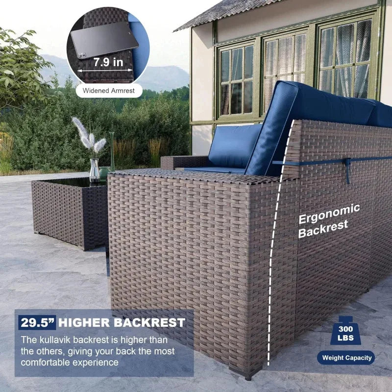 QWQkulavik 6 Piece Outdoor Furniture Set PE Wicker Rattan Sectional Sofa Patio Conversation Sets Navy Blue