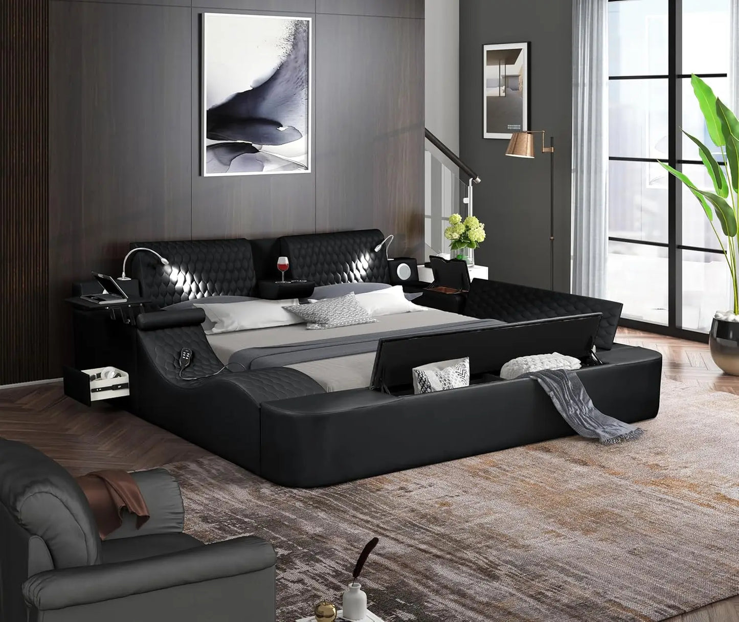 Queen Size Smart Bed Multifunctional Leather Bed Frame with Massage Recliner Upholstered Headboard Modern Luxury Bed Frame