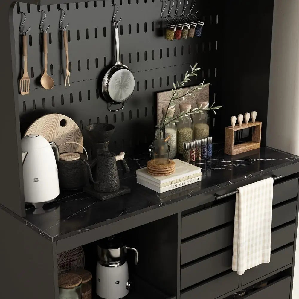 Large Kitchen Pantry Storage Cabinet with Pegboard and Hutch 78.7 Inch Kitchen Buffet Cabinet Cupboard with 9 Drawers in Black