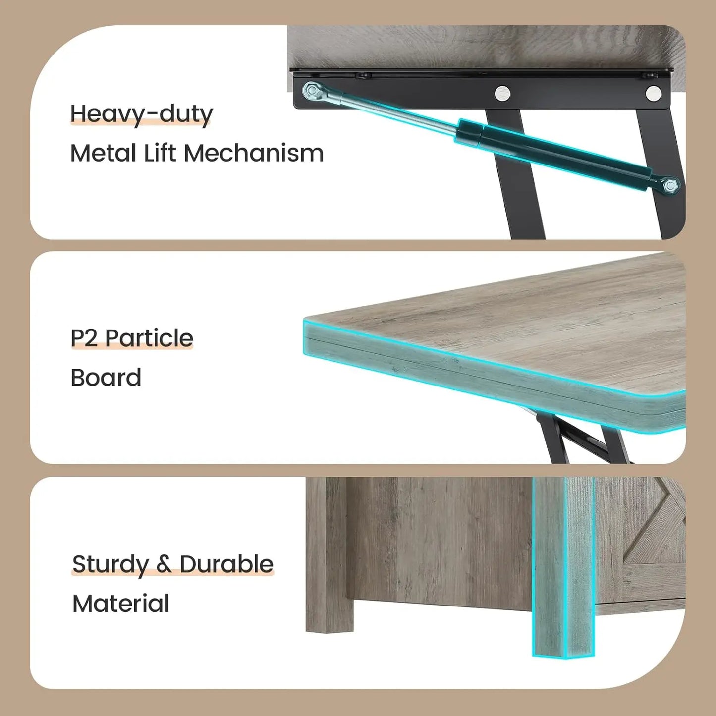 Lift Top Coffee Table, 4 in 1 Multi-Function Convertible Coffee Tables with Storage and Hidden Compartment, Farmhouse Coffee