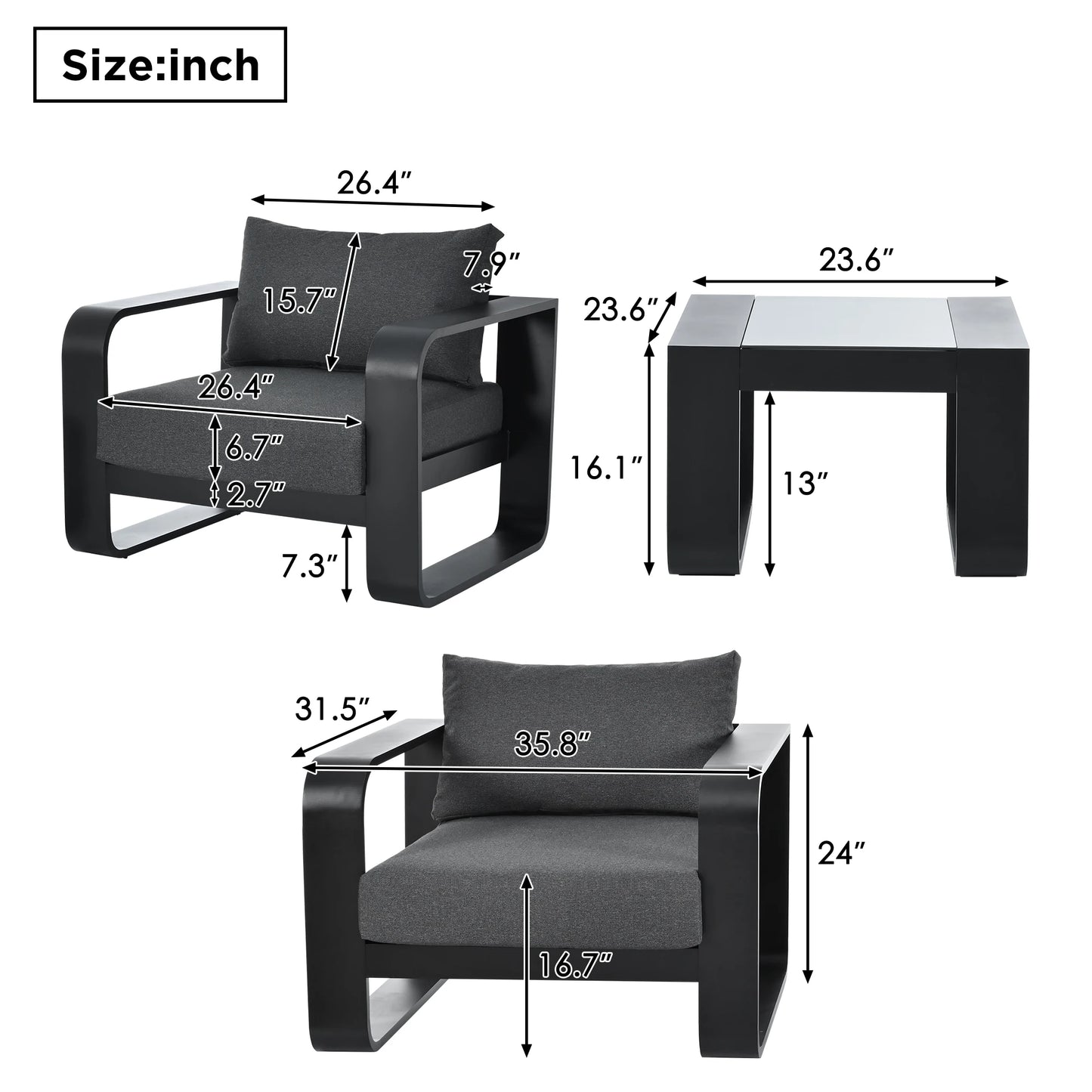 3 Pieces Aluminum Frame Patio Furniture Set With Thick Cushions And Coffee Table All Weather Olefin Fabric Outdoor Chairs