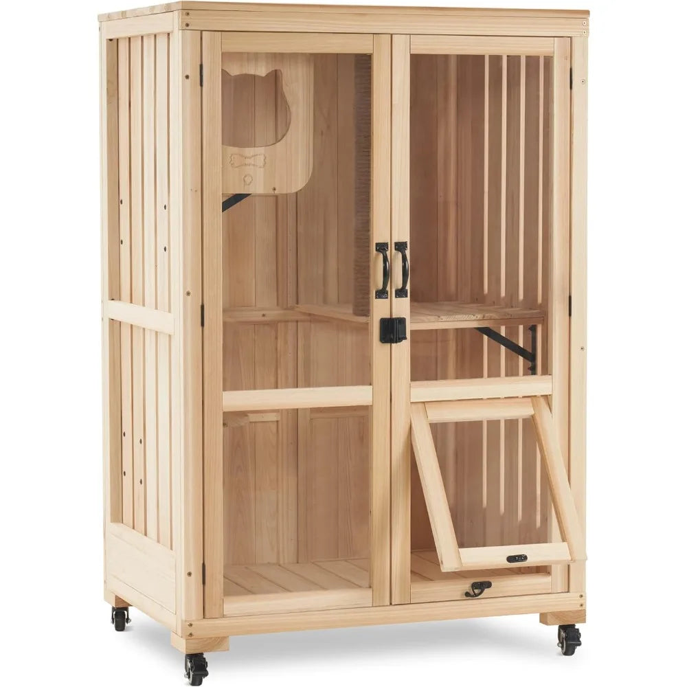 Luxury Cat House with Scratching Post Wooden Multi Feature Large Cat Condo with Escape Door and Wheels Kitten Cages with Shelves